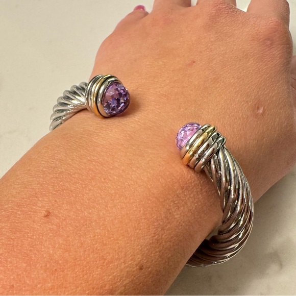 Two Tone Cable Bracelet Hinged Open Cuff with Large Purple Crystals - Picture 13 of 14